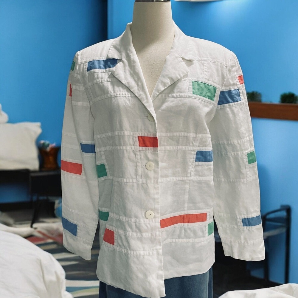 Patchington Linen Blazer Womens Sz 8 White Colorblock Retro Y2K Coastal‎ Grandma